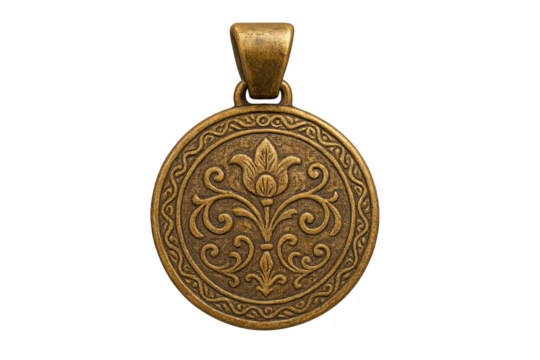Isolated antique bronze pendant with ornate floral design, transparent background. - Powered by Adobe