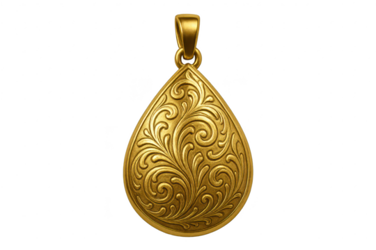 Elegant golden teardrop pendant with intricate scrollwork, isolated on transparent background