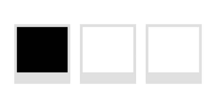 Three instant photo frames in a row isolated on transparent background