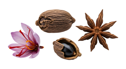 Saffron flower, black cardamom pods, and star anise isolated on transparent background