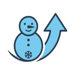 Vector icon of a blue snowman with an upward-curving arrow, indicating an increase in winter sales or a strengthening trend.