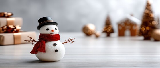 Cute snowman crafted from pine cones and sticks, dressed in a red scarf and black hat, set against a festive Christmas backdrop filled with toys and decorations