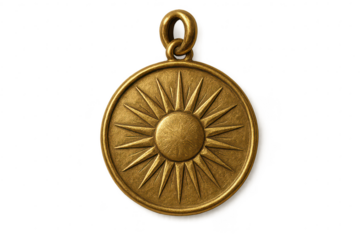 Detailed golden sun medallion pendant, isolated on clear transparent background.