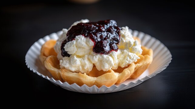 Elevate your dessert experience with this luscious waffle, adorned with delicate whipped cream and a rich topping of dark berry sauce. It's a sweet indulgence that delights!