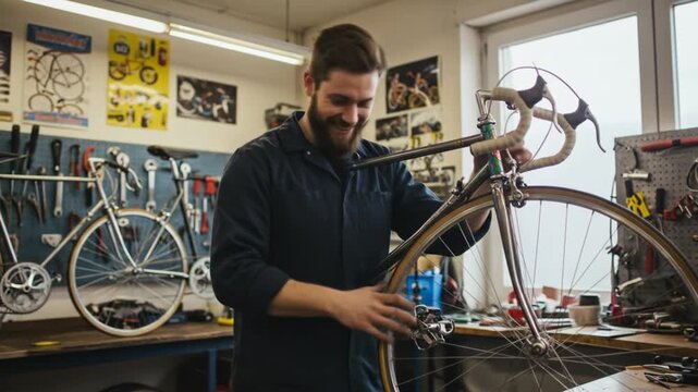 Skilled mechanic meticulously works on a vintage bicycle in a workshop, surrounded by tools and cycling posters