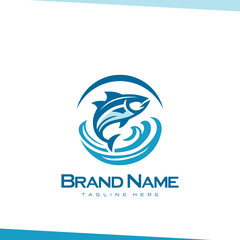 Blue Fish Jumping Out of Water Design Template for aquatic, marine business identity
