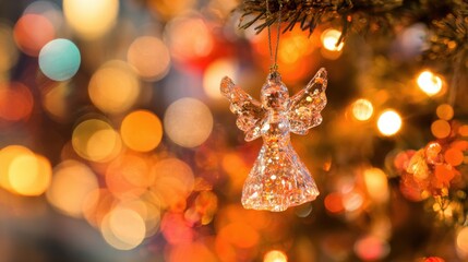 Obraz premium Beautiful glass angel ornament hanging on a festive Christmas tree