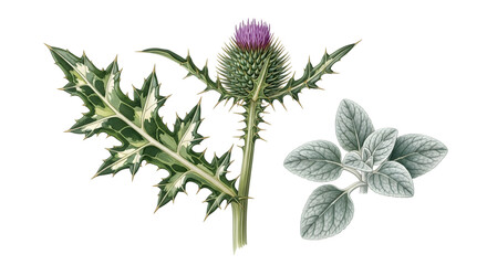 Thistle and other plants isolated on transparent background, a botanical illustration