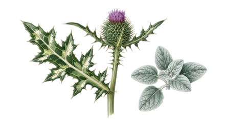 Thistle and other plants isolated on transparent background, a botanical illustration