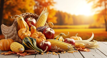 Vibrant autumn harvest cornucopia filled with pumpkins, gourds, and corn on a rustic wooden table with a soft focus fall background