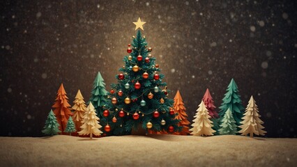 Obraz premium Decorated Christmas tree with colorful trees in snowy landscape