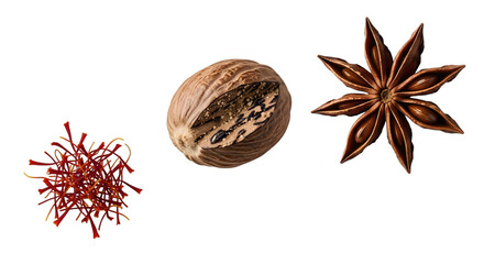 Nutmeg, star anise, and saffron isolated on transparent background for cooking