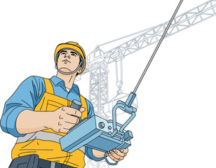 A construction worker operates a crane control, overseeing heavy lifting. Dynamic composition, showcasing safety and skill. Professional, industrial setting.