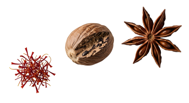 Nutmeg, star anise, and saffron isolated on transparent background for cooking