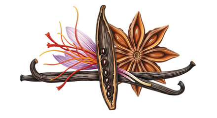 Vanilla bean, saffron and star anise arrangement, a culinary illustration isolated on transparent background