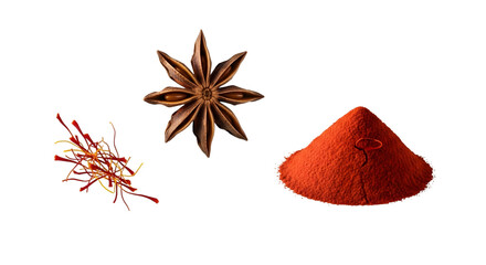 Saffron threads, star anise, and paprika powder isolated on transparent background