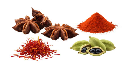 Assortment of aromatic spices isolated on transparent background for culinary use