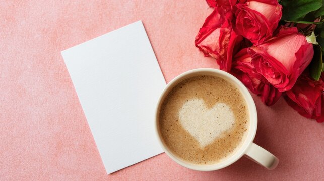 Warm coffee with heart design beside red roses and a blank card