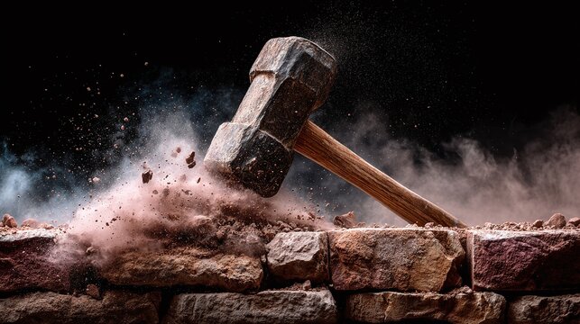 An old sledgehammer breaking a brick wall, dust particles fly, a symbolic representation of destruction and reconstruction. Ideal for construction and demolition themes.