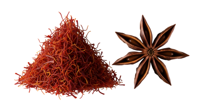 Saffron threads and star anise isolated on transparent background for cooking