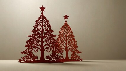 Ornate red Christmas trees on neutral beige background