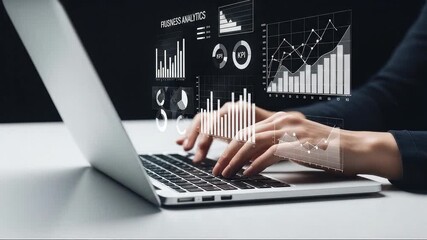 Close view of hands operating a modern laptop displaying holographic business analytics data charts and financial graphs illustrating corporate performance and digital transformation - Powered by Adobe