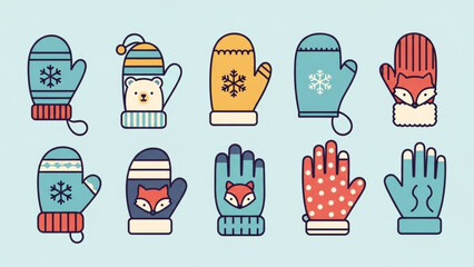 Whimsical winter mittens with snowflakes and animal designs for kids apparel and cozy seasonal decor, originally a scalable vector graphic