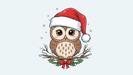 Adorable festive owl wearing a Santa hat perched on a snowy branch, ready for holiday cheer and cute winter greetings from this originally scalable vector