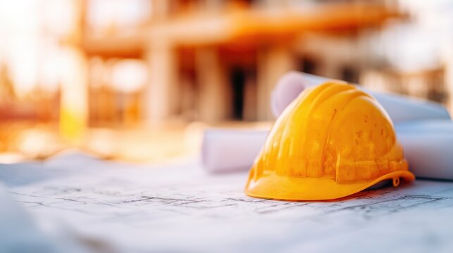 Construction helmet resting on blueprints at a building site during sunset