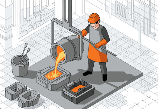 A worker pours molten metal into a mold during precision casting. The scene showcases industrial manufacturing with a focus on detail and quality.  Clear composition and professional setting.