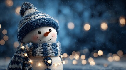 Cheerful snowman with a blue knit hat and scarf, illuminated by soft fairy lights against a snowy, bokeh-filled background, perfect for winter and holiday themes.