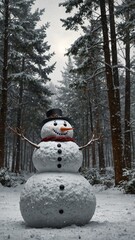 Snowman with top hat and scarf in snowy forest clearing