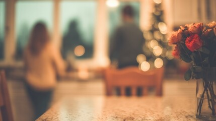 Evening kitchen scene with a couple preparing together during the holidays