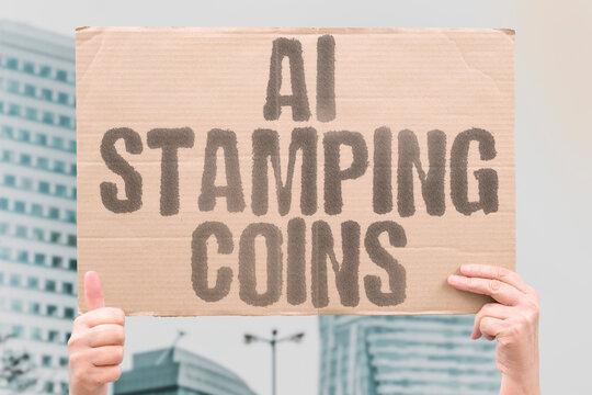 "AI Stamping Coins" Presses mint currency creating metal tokens with embossed designs. STAMP. COIN. MINT. METAL. EMBOSS.