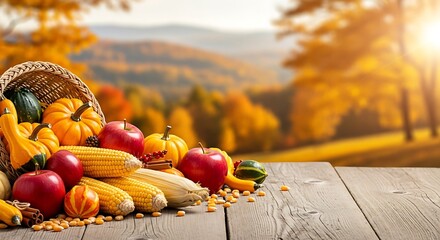 A bountiful Thanksgiving cornucopia overflowing with fresh autumn harvest vegetables and fruits on a rustic wooden table with a scenic fall background