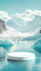 White circular platform on water surrounded by icebergs and snow capped mountains in arctic landscape, emphasizing sharp details of frozen scenery.