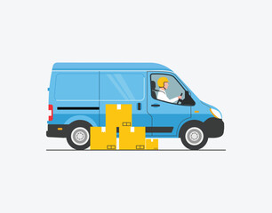 Blue delivery van with cardboard boxes isolated on
