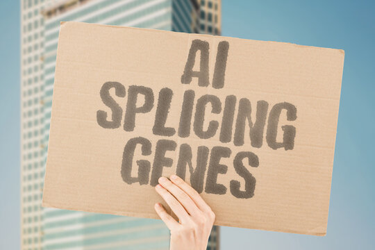 "AI Splicing Genes" Robots manipulate DNA sequences creating modified organisms precisely automatically. SPLICE. GENE. DNA. EDIT. MODIFY.