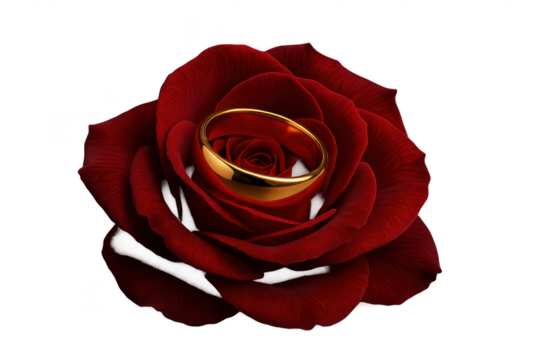 Elegant gold wedding ring on a red rose, isolated on transparent background