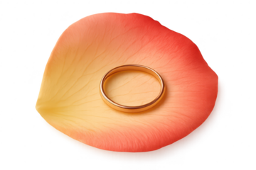 Gold wedding ring on a delicate rose petal, isolated on transparent background