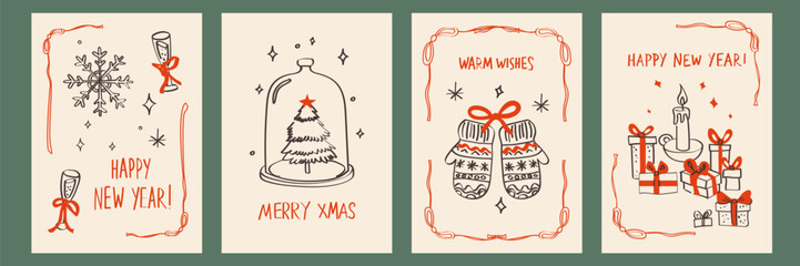 Set of Merry Christmas and Happy New Year greeting cards. Hand drawn doodle whimsical xmas prints, posters, celebration party invitations with Christmas tree, gifts, champagne, mittens