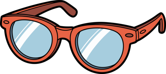 Eye protection. A coral colored pair of spectacles with clear lenses sit over a void.