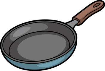 The illustrated frying pan, with gray pan body and brown handle, is ready to cook food.