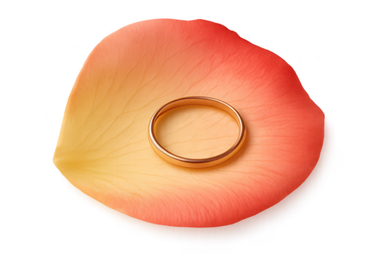 Gold wedding ring on a delicate rose petal, isolated on transparent background