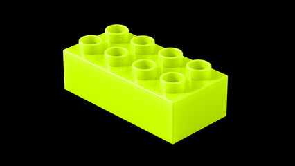 Lime Green Plastic Building Block Isolated on a Black Background. Children Toy Brick, Perspective View. Close Up View of a Game Block for Constructors. 3D Rendering. 8K Ultra HD, 7680x4320, 300 dpi