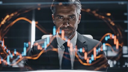 Caucasian man watching stock market data with rising graph, digital financial analysis for investment and business - Powered by Adobe