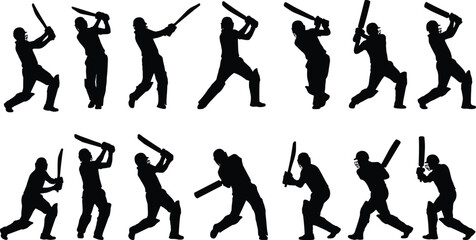 Collection of Cricket Batsman Silhouettes Striking Various Dynamic Poses Action Sport Concept Game Player Batting Technique Stance Professional Athletic Contest Championship.