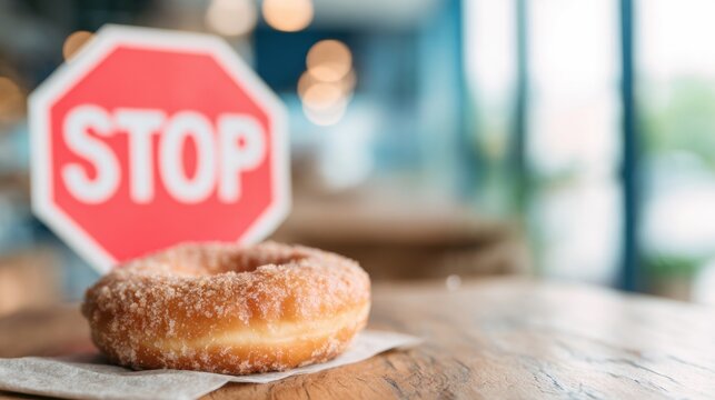 Delicious donut beside a stop sign in a cozy cafe setting