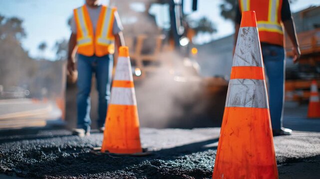 27Road repair scene showing molten asphalt texture up close, with warning cones, safety barriers, and fluorescent vests glowing in the background haze