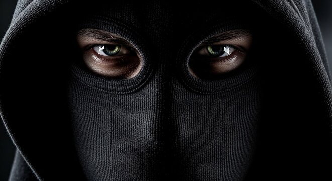Male burglar wearing black balaclava mask and hoodie with piercing intense eyes. Concept of crime, security, danger, or mystery for a dark and foreboding visual.